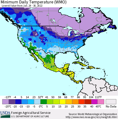 North America Minimum Daily Temperature (WMO) Thematic Map For 1/24/2022 - 1/30/2022