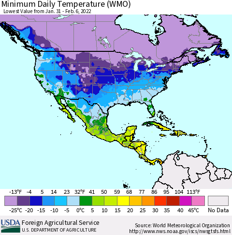 North America Minimum Daily Temperature (WMO) Thematic Map For 1/31/2022 - 2/6/2022