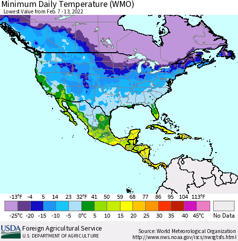 North America Minimum Daily Temperature (WMO) Thematic Map For 2/7/2022 - 2/13/2022