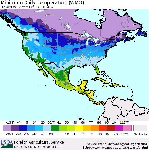 North America Minimum Daily Temperature (WMO) Thematic Map For 2/14/2022 - 2/20/2022