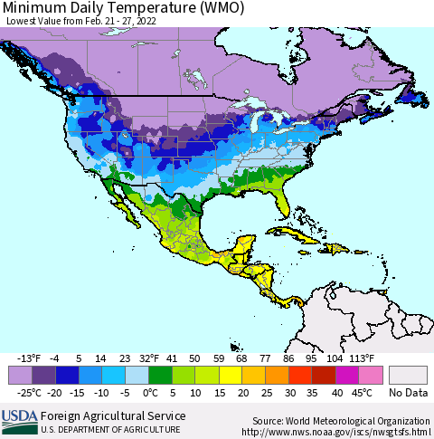 North America Minimum Daily Temperature (WMO) Thematic Map For 2/21/2022 - 2/27/2022