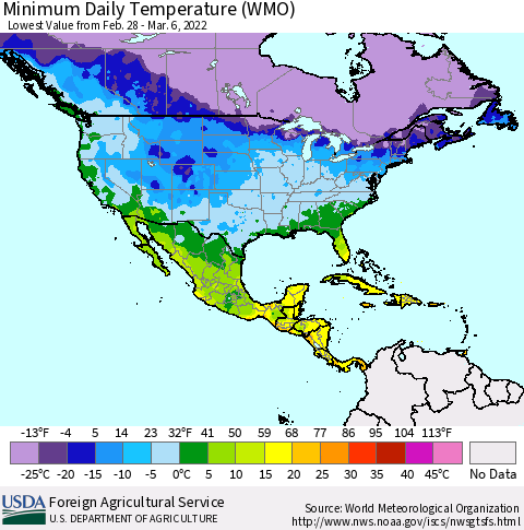 North America Minimum Daily Temperature (WMO) Thematic Map For 2/28/2022 - 3/6/2022