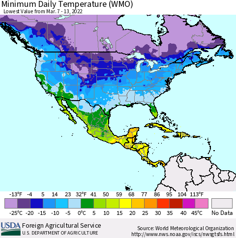 North America Minimum Daily Temperature (WMO) Thematic Map For 3/7/2022 - 3/13/2022