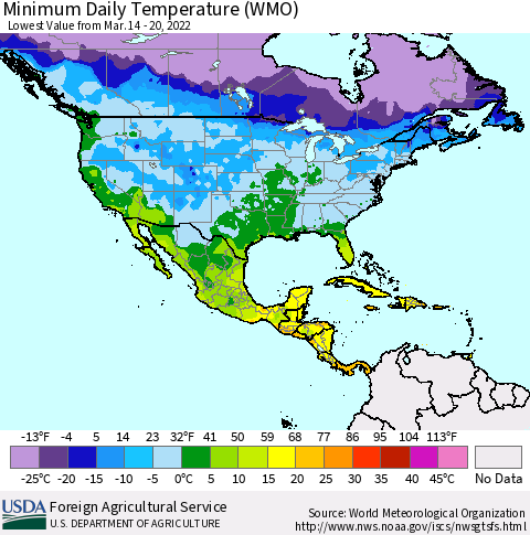 North America Minimum Daily Temperature (WMO) Thematic Map For 3/14/2022 - 3/20/2022