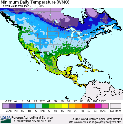 North America Minimum Daily Temperature (WMO) Thematic Map For 3/21/2022 - 3/27/2022