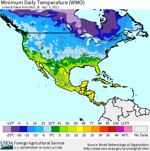 North America Minimum Daily Temperature (WMO) Thematic Map For 3/28/2022 - 4/3/2022
