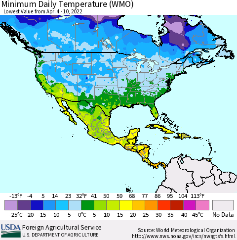 North America Minimum Daily Temperature (WMO) Thematic Map For 4/4/2022 - 4/10/2022