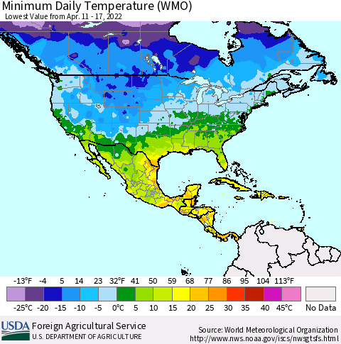 North America Minimum Daily Temperature (WMO) Thematic Map For 4/11/2022 - 4/17/2022