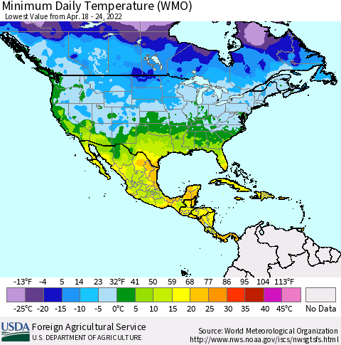 North America Minimum Daily Temperature (WMO) Thematic Map For 4/18/2022 - 4/24/2022