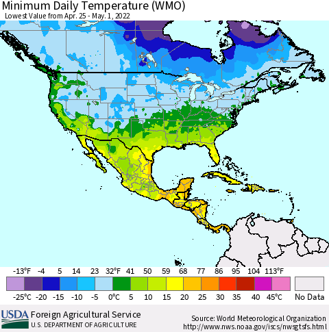 North America Minimum Daily Temperature (WMO) Thematic Map For 4/25/2022 - 5/1/2022