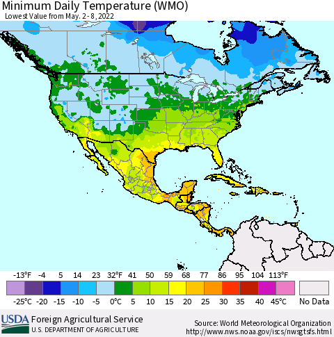North America Minimum Daily Temperature (WMO) Thematic Map For 5/2/2022 - 5/8/2022