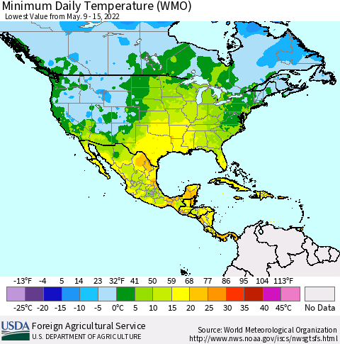 North America Minimum Daily Temperature (WMO) Thematic Map For 5/9/2022 - 5/15/2022