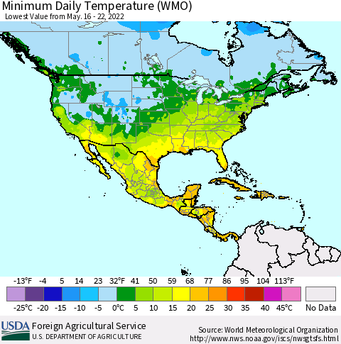 North America Minimum Daily Temperature (WMO) Thematic Map For 5/16/2022 - 5/22/2022