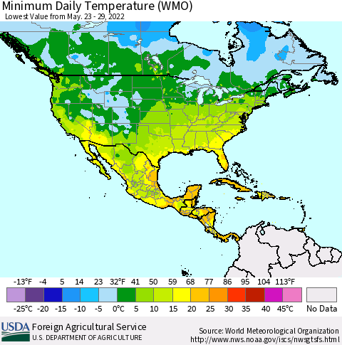 North America Minimum Daily Temperature (WMO) Thematic Map For 5/23/2022 - 5/29/2022