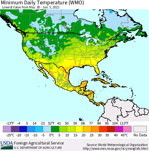 North America Minimum Daily Temperature (WMO) Thematic Map For 5/30/2022 - 6/5/2022