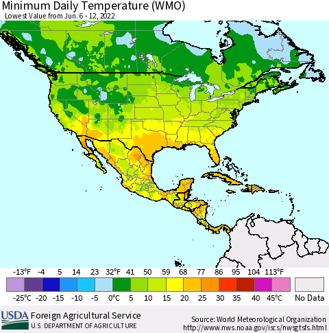 North America Minimum Daily Temperature (WMO) Thematic Map For 6/6/2022 - 6/12/2022