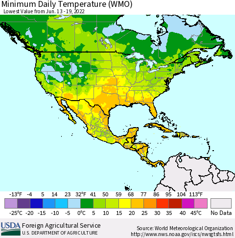 North America Minimum Daily Temperature (WMO) Thematic Map For 6/13/2022 - 6/19/2022