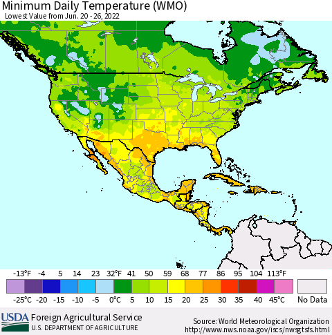 North America Minimum Daily Temperature (WMO) Thematic Map For 6/20/2022 - 6/26/2022