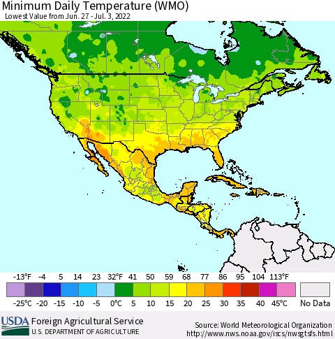 North America Minimum Daily Temperature (WMO) Thematic Map For 6/27/2022 - 7/3/2022