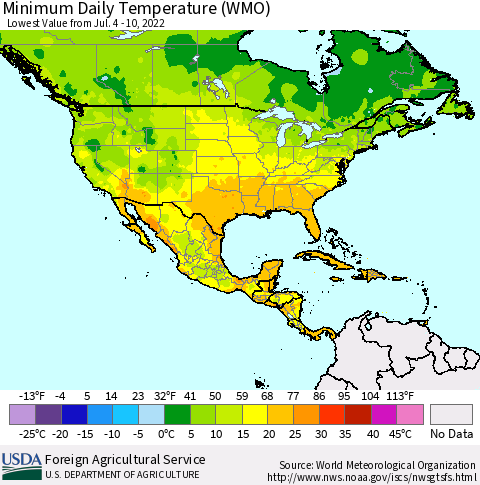 North America Minimum Daily Temperature (WMO) Thematic Map For 7/4/2022 - 7/10/2022