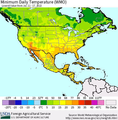 North America Minimum Daily Temperature (WMO) Thematic Map For 7/11/2022 - 7/17/2022