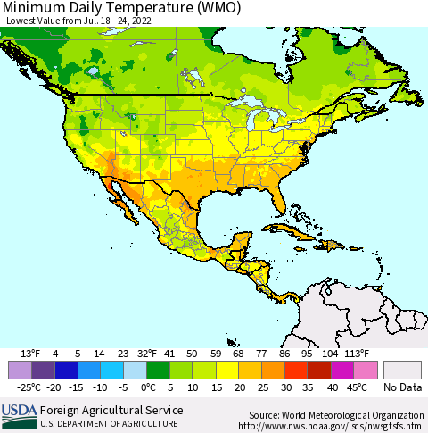 North America Minimum Daily Temperature (WMO) Thematic Map For 7/18/2022 - 7/24/2022