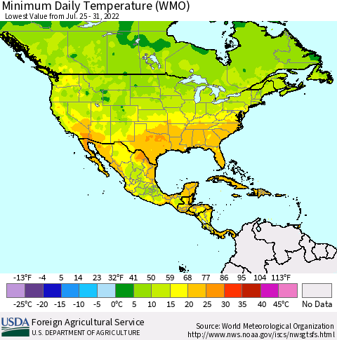 North America Minimum Daily Temperature (WMO) Thematic Map For 7/25/2022 - 7/31/2022