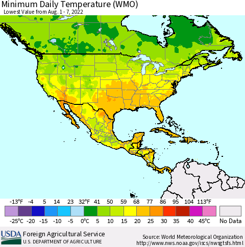 North America Minimum Daily Temperature (WMO) Thematic Map For 8/1/2022 - 8/7/2022