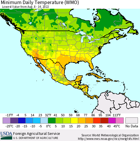North America Minimum Daily Temperature (WMO) Thematic Map For 8/8/2022 - 8/14/2022