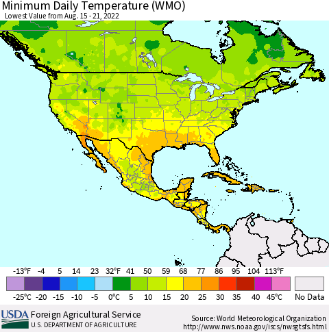 North America Minimum Daily Temperature (WMO) Thematic Map For 8/15/2022 - 8/21/2022