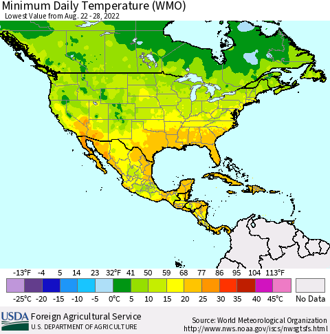 North America Minimum Daily Temperature (WMO) Thematic Map For 8/22/2022 - 8/28/2022