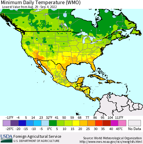 North America Minimum Daily Temperature (WMO) Thematic Map For 8/29/2022 - 9/4/2022