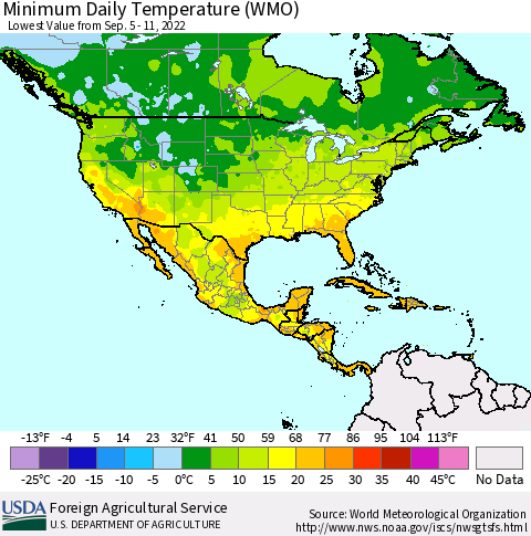 North America Minimum Daily Temperature (WMO) Thematic Map For 9/5/2022 - 9/11/2022