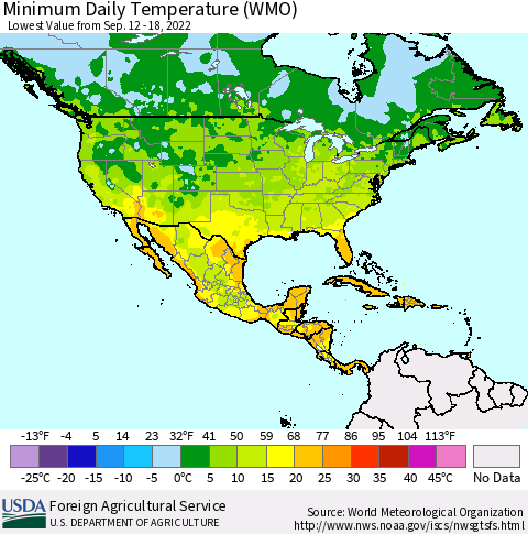 North America Minimum Daily Temperature (WMO) Thematic Map For 9/12/2022 - 9/18/2022