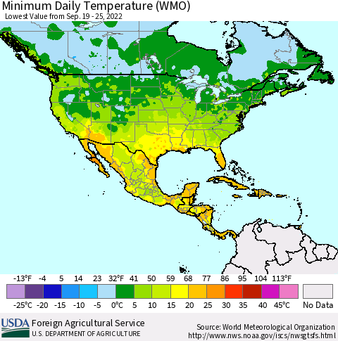 North America Minimum Daily Temperature (WMO) Thematic Map For 9/19/2022 - 9/25/2022