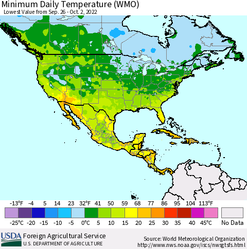 North America Minimum Daily Temperature (WMO) Thematic Map For 9/26/2022 - 10/2/2022