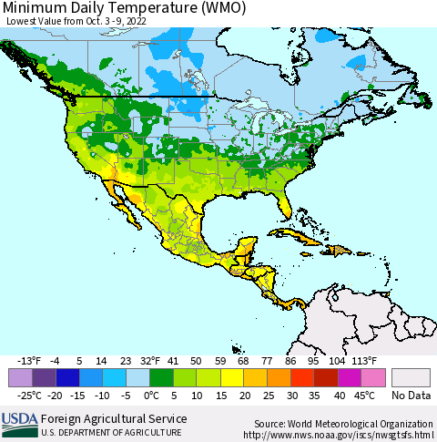 North America Minimum Daily Temperature (WMO) Thematic Map For 10/3/2022 - 10/9/2022