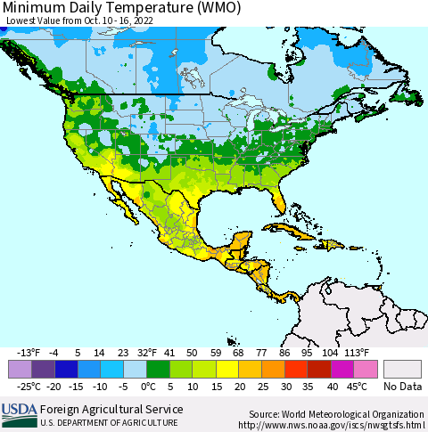 North America Minimum Daily Temperature (WMO) Thematic Map For 10/10/2022 - 10/16/2022