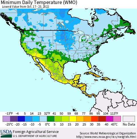 North America Minimum Daily Temperature (WMO) Thematic Map For 10/17/2022 - 10/23/2022