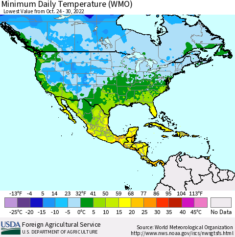 North America Minimum Daily Temperature (WMO) Thematic Map For 10/24/2022 - 10/30/2022
