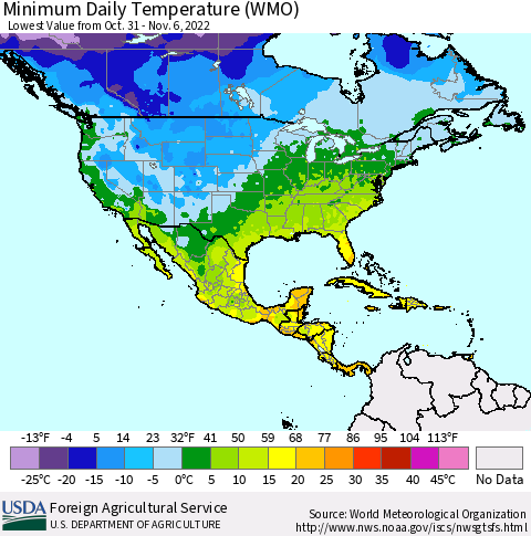 North America Minimum Daily Temperature (WMO) Thematic Map For 10/31/2022 - 11/6/2022