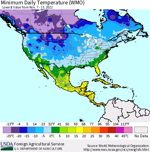 North America Minimum Daily Temperature (WMO) Thematic Map For 11/7/2022 - 11/13/2022