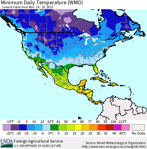 North America Minimum Daily Temperature (WMO) Thematic Map For 11/14/2022 - 11/20/2022