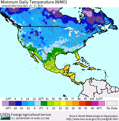 North America Minimum Daily Temperature (WMO) Thematic Map For 11/21/2022 - 11/27/2022