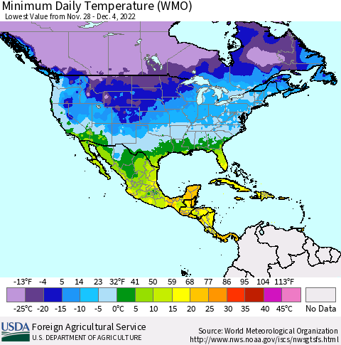 North America Minimum Daily Temperature (WMO) Thematic Map For 11/28/2022 - 12/4/2022
