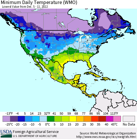 North America Minimum Daily Temperature (WMO) Thematic Map For 12/5/2022 - 12/11/2022