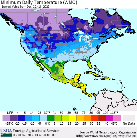 North America Minimum Daily Temperature (WMO) Thematic Map For 12/12/2022 - 12/18/2022