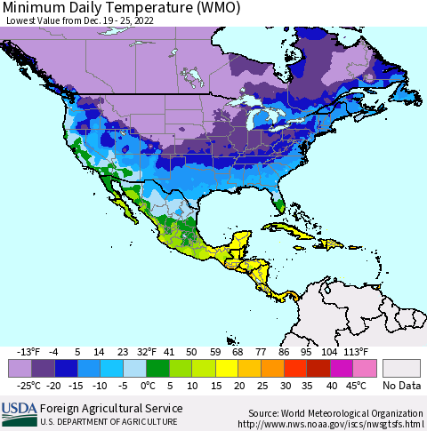 North America Minimum Daily Temperature (WMO) Thematic Map For 12/19/2022 - 12/25/2022