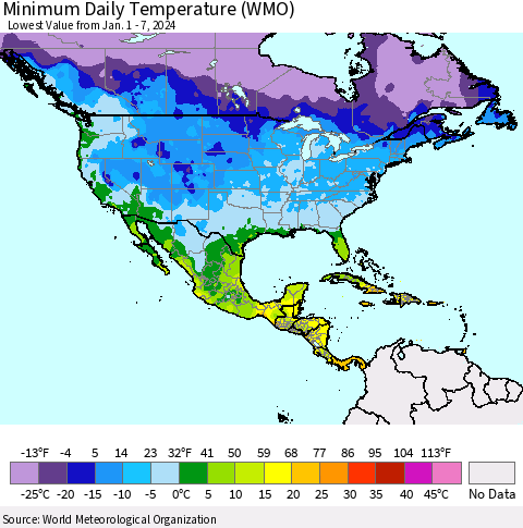 North America Minimum Daily Temperature (WMO) Thematic Map For 1/1/2024 - 1/7/2024