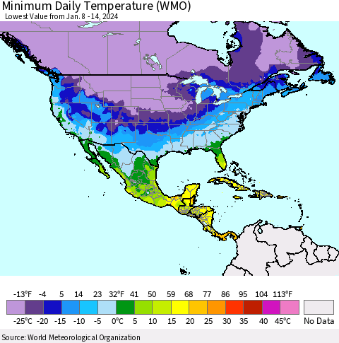 North America Minimum Daily Temperature (WMO) Thematic Map For 1/8/2024 - 1/14/2024